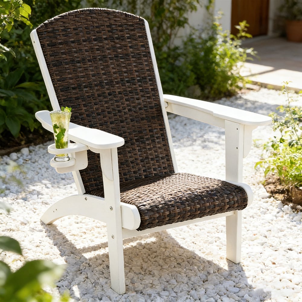 Patio Adirondack Chair With Rattan Padded Seat And Hidden Cupholder_voghion.com